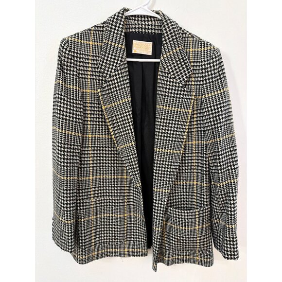 Pendleton Women 8 Vintage Wool Houndstooth Plaid Blazer Jacket Black White Yello - Picture 1 of 4